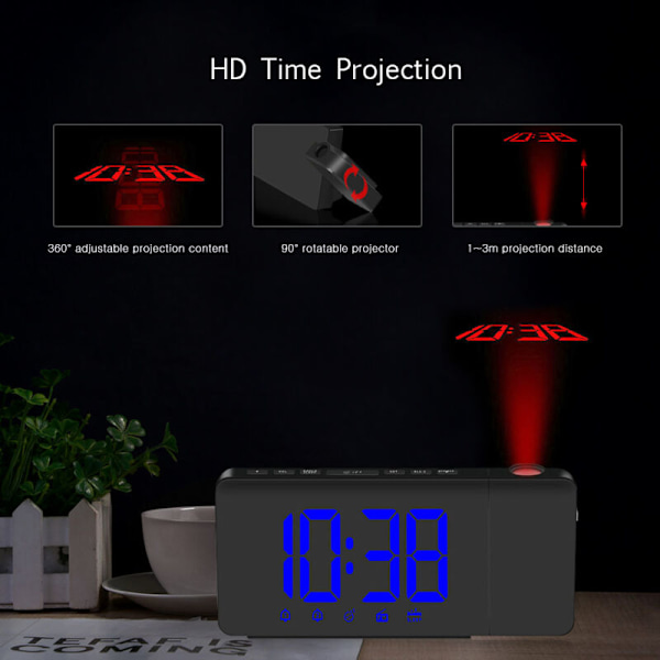 LED projektionsväckarklocka med USB-kontroll, FM-radio med variabel intensitet, skrivbordsklocka med roterande projektor, dubbellarm, snooze-funktion - blå