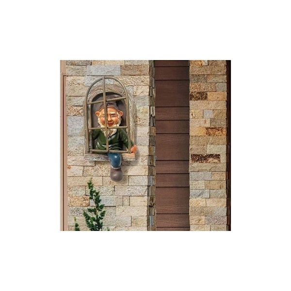 Alv ut av døren Treomfavner, hagefigur i resin, hengende hagenisse for terrasse, plen (mann)