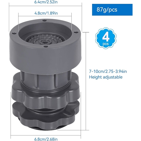 Anti-vibration-pesukoneen matto, 4 kappaletta universaalia pesukoneen alustaa, säädettävä 7-10 cm:n anti-vibration-anti-noise-tuki pesukoneelle