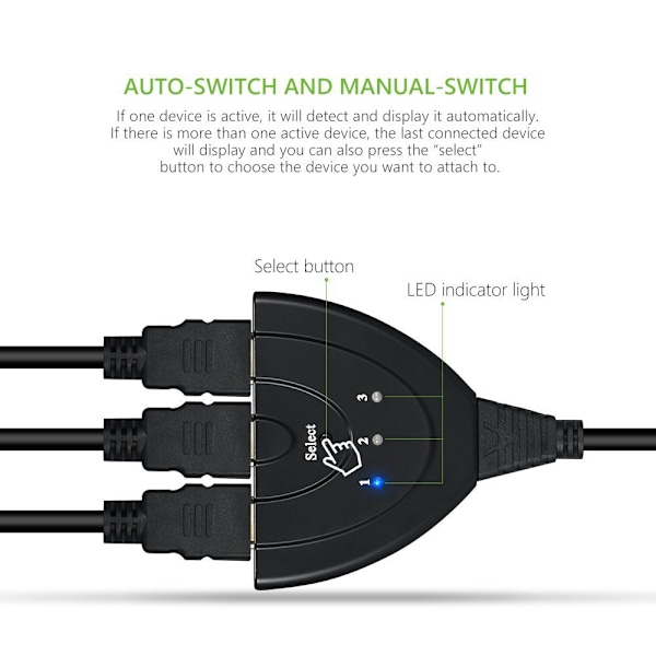 Switcher, HDMI en til tre HD-konverter 3 kutt 1 med kabel, 3 inn