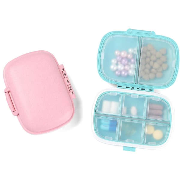 2-delt reisepilleorganisator (blå/rosa), 8-roms bærbar pilleboks, liten daglig pilleboks, medisin- og vitaminbeholder for lommebøker