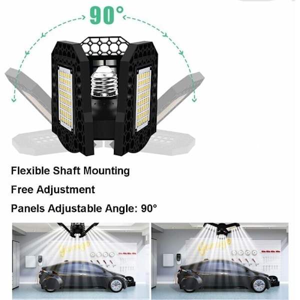 60W LED Garagebelysning, LED Taklampa, E27 Deformerbar Taklampa med 3 Justerbara Paneler, Kallvitt ljus, för Garage Verkstad Lager Källare H