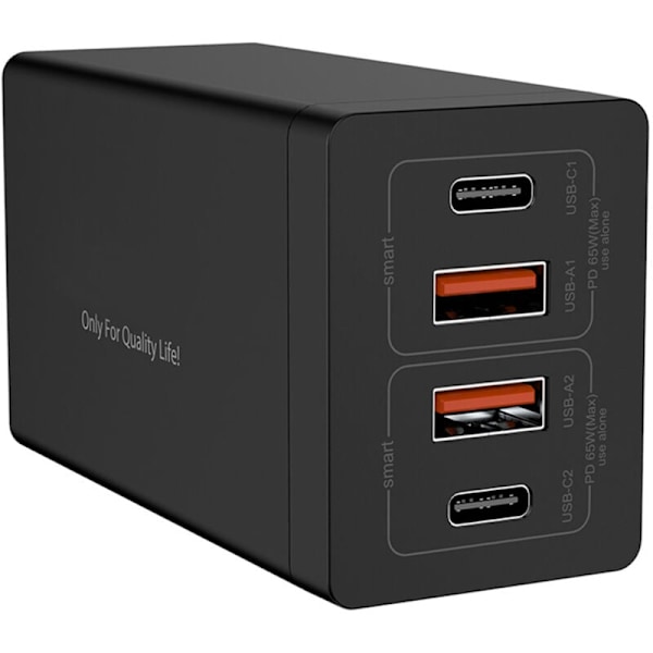 USB GAN 65 W ladestasjon 4-port HUB med 4 porter hurtiglader QC4.0 QC PD3.0 PD USB Vegglader Type-C for smarttelefoner, nettbrett, bærbare datamaskiner og mer