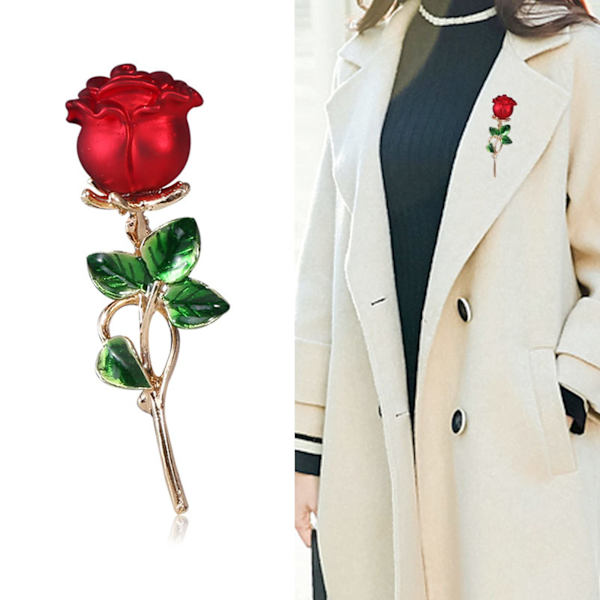 Ros Brosch i form av blomma med emaljerade blad, dekorativ brosch med blommotiv för kvinnor, fest, bankett, bröllop, röd 1, 5,7*1,8 cm