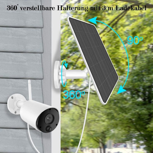 3W aurinkopaneeli langattomalle ulkovalvontakameralle, USB 6V IP65 aurinkopaneeli 3M akkuturvakameran syöttöön, Micro USB -yhteensopiva, 360° säädettävä