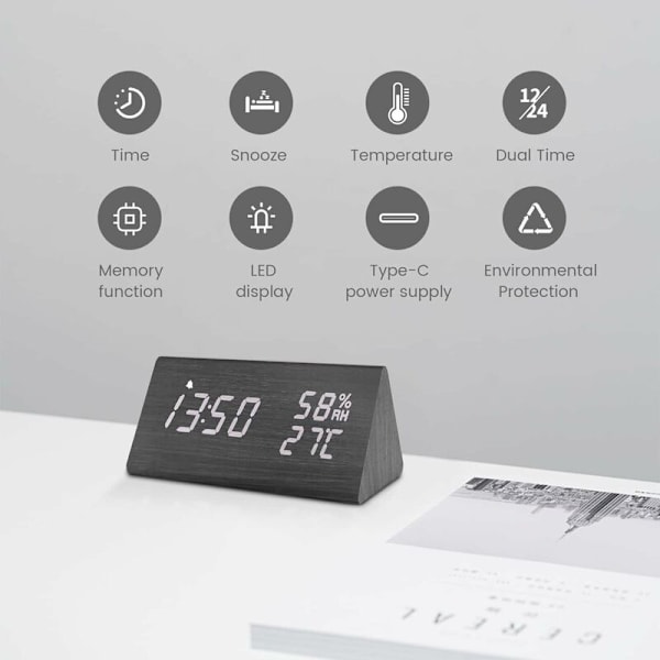 Digital väckarklocka, Trä Digital Klocka med Justerbar Ljusstyrka, Snooze-funktion, Temperatur, Luftfuktighet, Digital Klocka för /Kontor