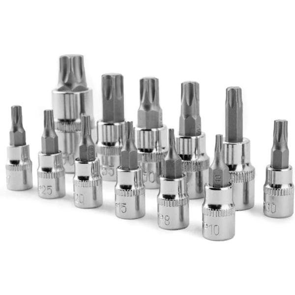 13-delt Torx Pipesett T8 - T70 Krom Vanadium Stål Hunn Skrutrekker Bits 1/4\" 3/8\" og 1/2\" med Oppbevaringsboks