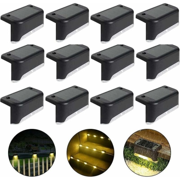Vanntett solcelle gjerdelys, soldekkslys, trappelys, IP65 LED solcelled hagelys for uteplass trappegjerde (varmt lys-svart, 12 stk)