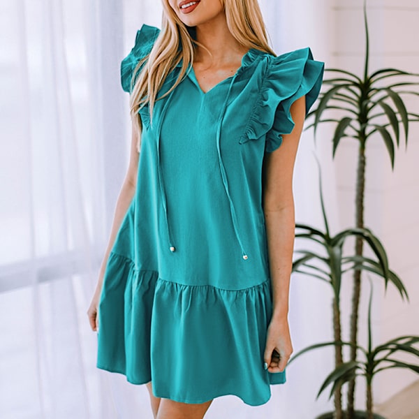 Kvinders Forår Sommer 2023 V-hals Snørebånd Ruffle Cap Sleeve Side Lomme Mini Kjole