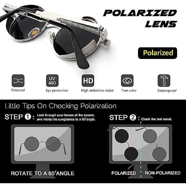 Hopeanväriset kehykset Harmaat linssit - Polaroidut pyöreät aurinkolasit miehille ja naisille, retro Steampunk -tyyliin inspiroituneet metallirenkaassa