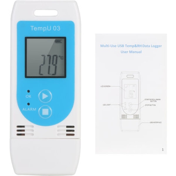 KKmoon USB temperatur- og fuktighetsdatalogger Gjenbrukbar RH TEMP fuktighetsdatalogger Fuktighetsloggingsmåler med 32 000 opptakskapasitet, modell: Blå B