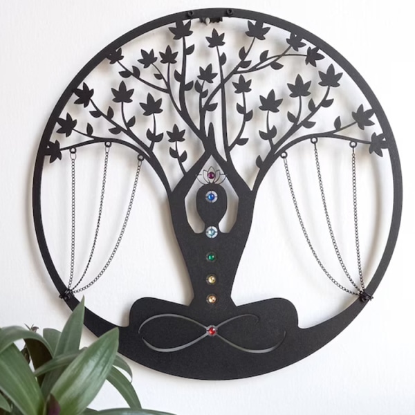 Meditasjonsveggkunst Metall Yoga Tree of Life 7 Chakra Stones Rå C