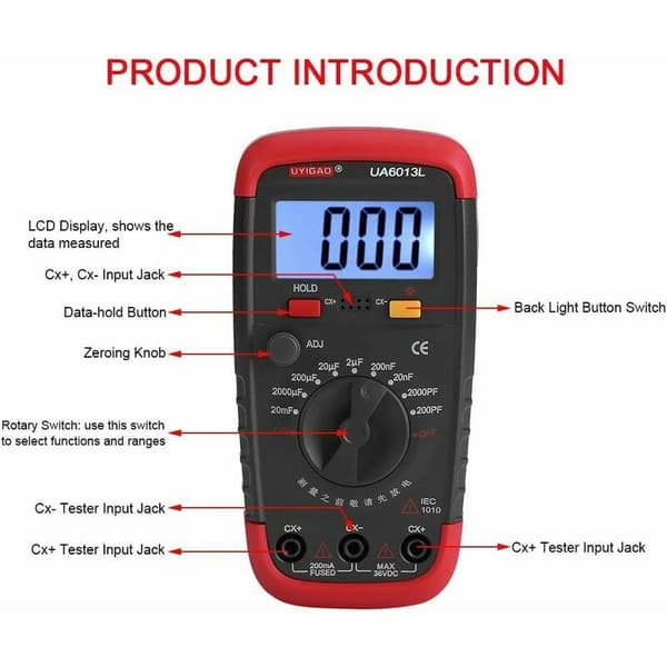 Digital kapacitansmåler, Pro kondensatortester 0,1pF - 20000uF med LCD-baggrundsbelysning Max 1999-READCLY