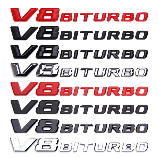 Velegnet til Mercedes-Benz V8 BITURBO skærmsidemarkering twin turbo baghale logo bogstavmærkning bilmærkning (flad sort)