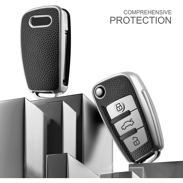 Bilnyckel kompatibel med Audi A1 A3 A4 A6 Q3 Q5 Q7 S3 R8 TTs tillbehör TPU silikon läderfodral (Silver)