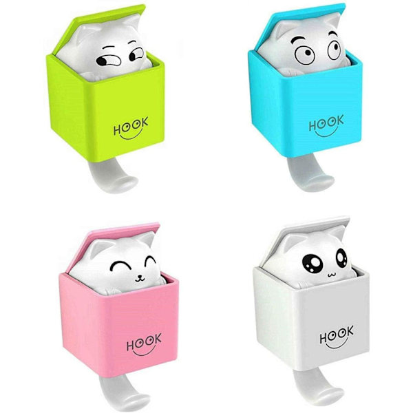 4-pack självhäftande krokar, dekorativa kattkrokar i plast, väggkrokar, djurmotiv, kraftiga, max 2 kg, för baksidan av dörren, klädhängare för badrum
