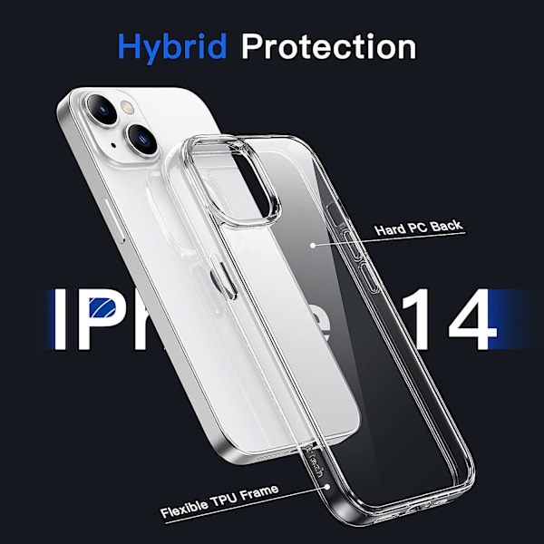 Fodral för iPhone 14 6,1 tum, Anti-gulnande stöttåligt skyddsfodral, Reptåligt transparent baksida (Transparent)