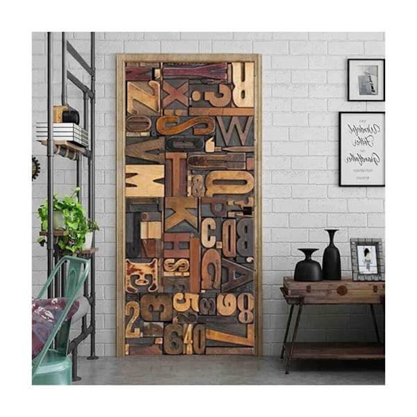 Selvklæbende PVC Dørsticker Simulation 3D Retro Byggeklods Bogstaver Tapet Tapet Salon Hus Design Vægmaleri Design