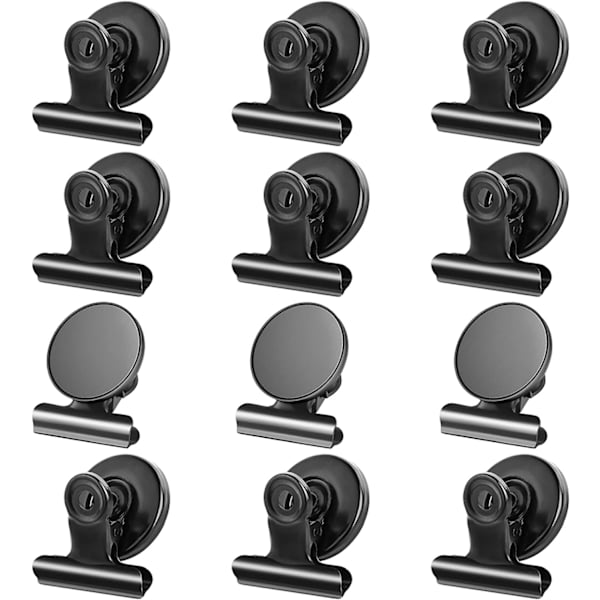 12-pak magnetiske clips, stærke køleskabsmagnetclips med anti-ridse klæbepuder, whiteboard magnetclips sort