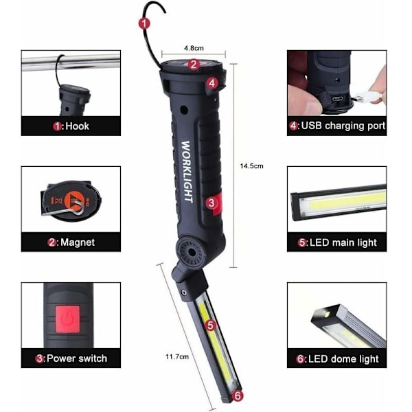 Genopladelig LED Arbejdslampe, 800LM LED Arbejdslommelygte, Genopladelig LED Værkstedslampe, Inspektionslampe, 5 Tilstande Magnetisk Base Lommelygte til Garage