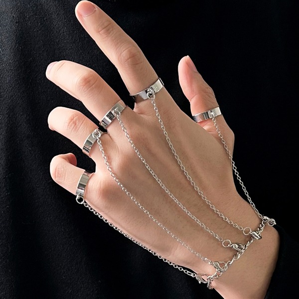 Punk finger länk armband, silver, 8", justerbar öppen rem ring