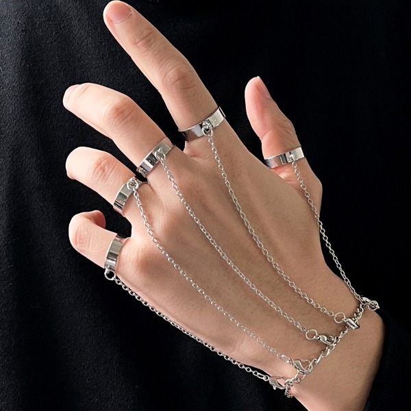 Punk fingerlenke armbånd, sølv, 8", justerbar åpen stroppring