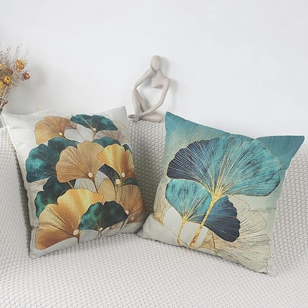 4 Dekorativa Ginkgo Blad Tryckta Kuddfodral 45 x 45 Linne Djungel Överkast Kuddfodral Guld Gul Bondgård Naturliga Kuddfodral 18x18 Soffa Cus