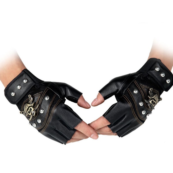 Steampunk Gotiske Handsker Mænds Vintage Ren Læder Kaptajn Fingerløse Ridehandsker (Sort)