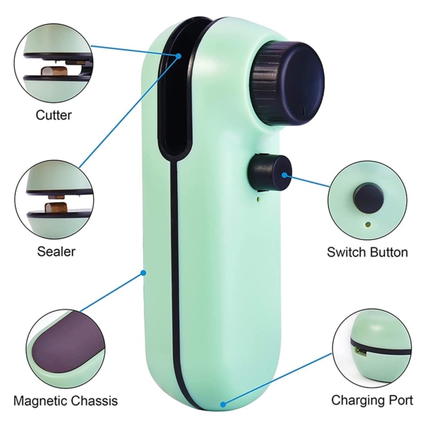 Miniposeforsegler 2 i 1 USB-oppladbar varmeforsegler og kutter Mini-poseforsegler Varmeforsegler med myk magnetisk kjøkkenverktøy (Farge: Grønn)