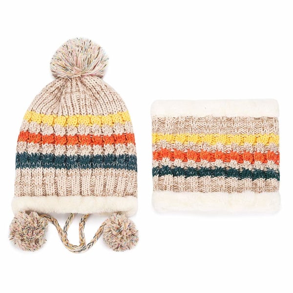 Vinterstrikket lue for kvinner Skjerfsett Varmt fortykket Heklet Puffy Ball Beanie Utendørs Ski Snowboard Sykkel Krøllhatt med pelskant (beige)