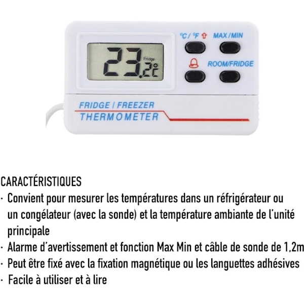 Digital kyl- eller frysskåpstermometer - med alarm - Max min-funktion - 1,2 m kabel