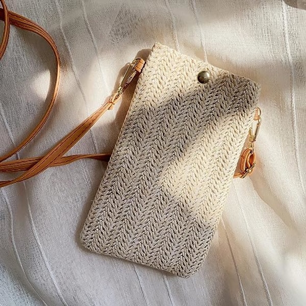 Crossbody-väskor (vit), damväskor i casual vävt halm, vävda axelväskor, mobiltelefonväskor