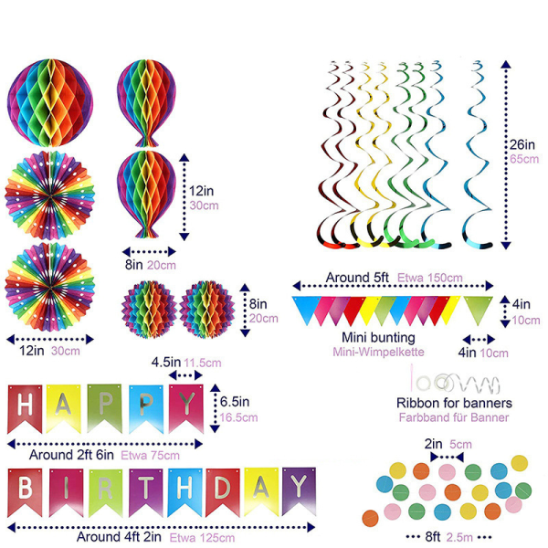 Høykvalitets gjenbrukbare bursdagsfestdekorasjoner - Bursdagdekorasjonssett - Gratulerer med dagen-banner, Honeycomb-dekorasjoner, Streamere, Papirgirlander