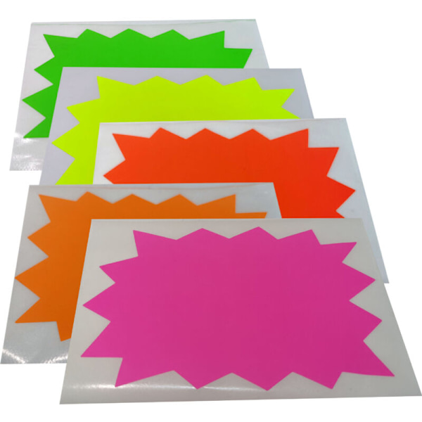 Pakke med 50 (5 farger, 7,6 x 11,9 cm) NEON Starburst salgsskilt for butikkutstilling, prislapper, displaypanel