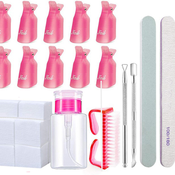 10 stk Neglepinsett Fjerner Gel Negleputer + 150ml Trykkpulverflaskehette + Stor Pulverbørste + Liten Skyver + Utpakking + Poleringsstrimler + Purp