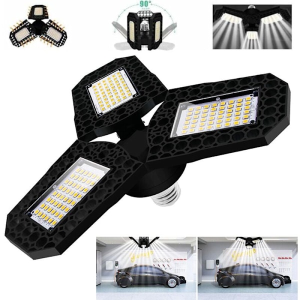60W LED Garagebelysning, LED Taklampa, E27 Deformerbar Taklampa med 3 Justerbara Paneler, Kallvitt ljus, för Garage Verkstad Lager Källare H