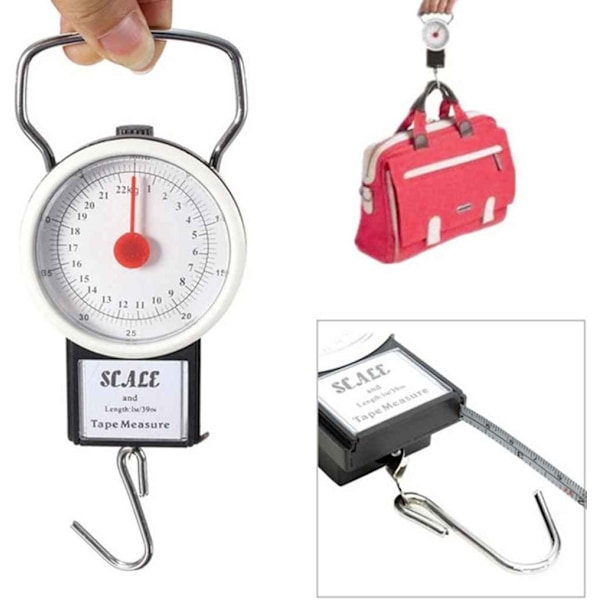 Vågskala, vågskala och dynamometer 2 i 1 bagagevåg med måttband - Bärbar handvikt med 22 kg kapacitet och 1 m måttband för exakt W