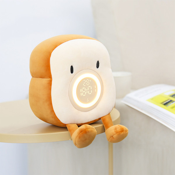 Plush Toast väckarklocka USB-laddning mobiltelefonhållare Dimning sängbordssovlampa LED-tidslampa