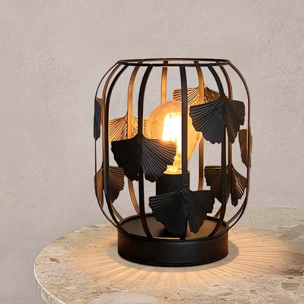 Metallbordlampe med ginkgobladmønster for soverom, stue, nattbord, kontor, hjem (svart)