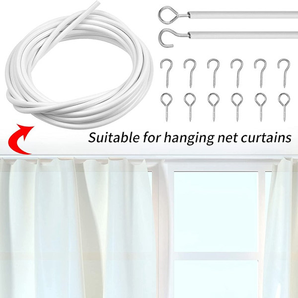 Netgardin Wire 10M Gardin Wire Hvid Gardin Wire med Gardinkroge og Øjne Gardinkabelstreng Gardinsnor til Gardinstang Hængende Gardin C