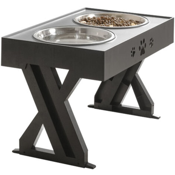 Justerbart forhøyet hundeskålbord med dobbeltskål i rustfritt stål for forhøyede hunder Katt kjæledyrvannmater Avtakbar sklisikker, modell: svart