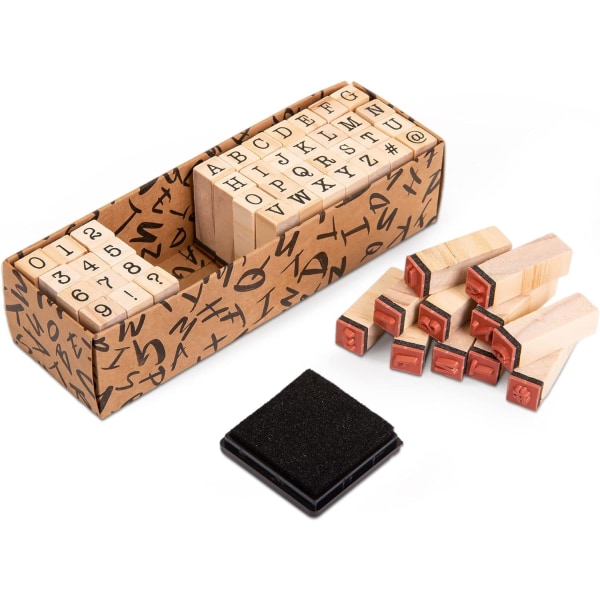 Alfabetstempler, 40 stykker gummistempler av tre - Sett med store bokstaver og symboler - Minialfabetstempler og trykkblokker for håndverk