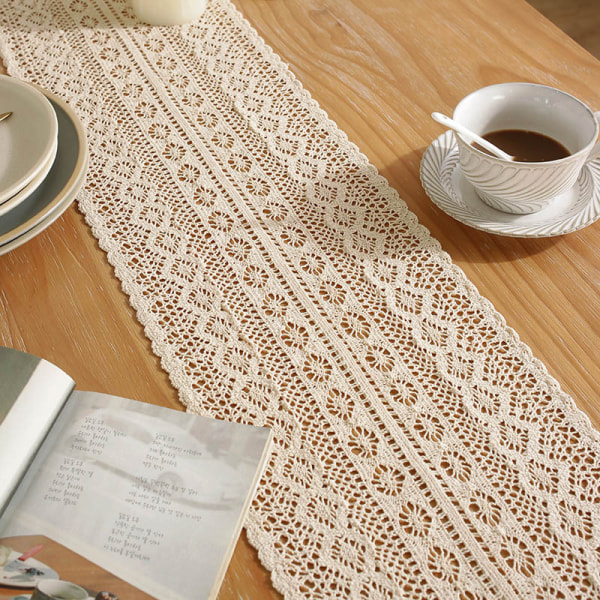 Spisebord hekle blomst hul tebord deksel bordmatte beige dusk serviet bordflagg 24*180CM