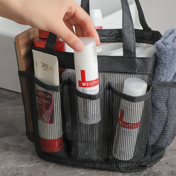 Mesh brusebadskurv - mesh brusebadskurv, mulepose, toilettaske, hurtigtørrende badeorganisator til strand, kollegier, gymnasium, lejr, sort