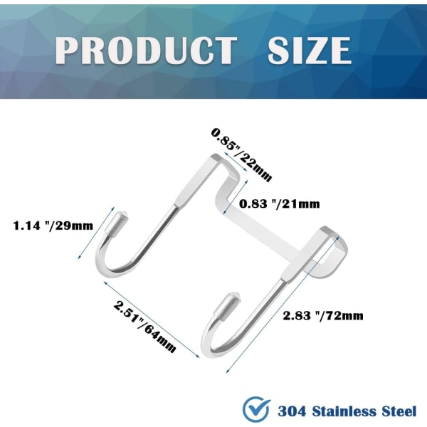 4 stk. Overdørskroker i rustfritt stål for skapskuffer, dobbel J-form for å henge vesker, håndklær, jakker