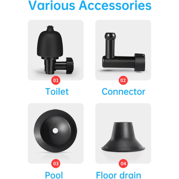 Høytrykks toalettåpner med 4 utskiftbare hoder Toalettpumpe Åpner Avløpsåpner for toalett, vask, gulvavløp, tilstoppet rør og badekar