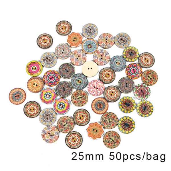 100 kpl 25 mm kuvioituja käsityöpuunappeja, 1 tuuman puunappeja, erilaisia vintage-pyöreitä puukukkanapeja, 2-reikäiset koristenapit DIY-ompeluun