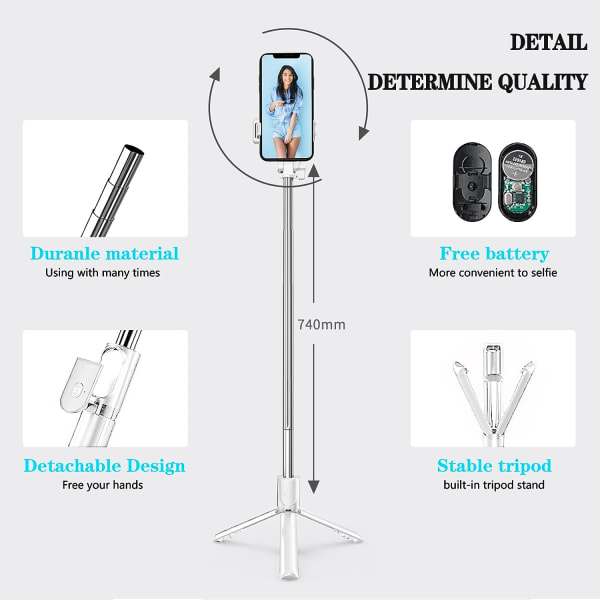 Selfie-pinne, stativ, fjernkontroll og 4-i-1-design: 4-i-1-selfie-pinnen gjør det enkelt å ta selfies med grupper/familier/reiser. Utvidbar selfie-pinne, sammenleggbart stativ og avtakbar fjernkontroll gir mer bevegelse og perspektiv, slik at selfien din blir mer kreativ og vakker.