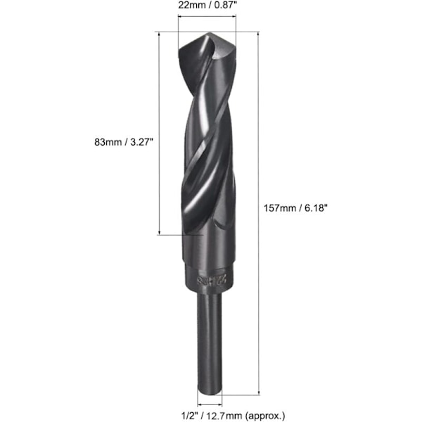 Spiralborr med reducerad skaftände 22 mm höghastighetsstål HSS 9341 Svart oxid med 1/2 tums rakt skaft