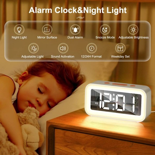 Digital väckarklocka, digital klocka med ljus övre snooze-funktion 2 alarm 12/24h drivs av USB vit